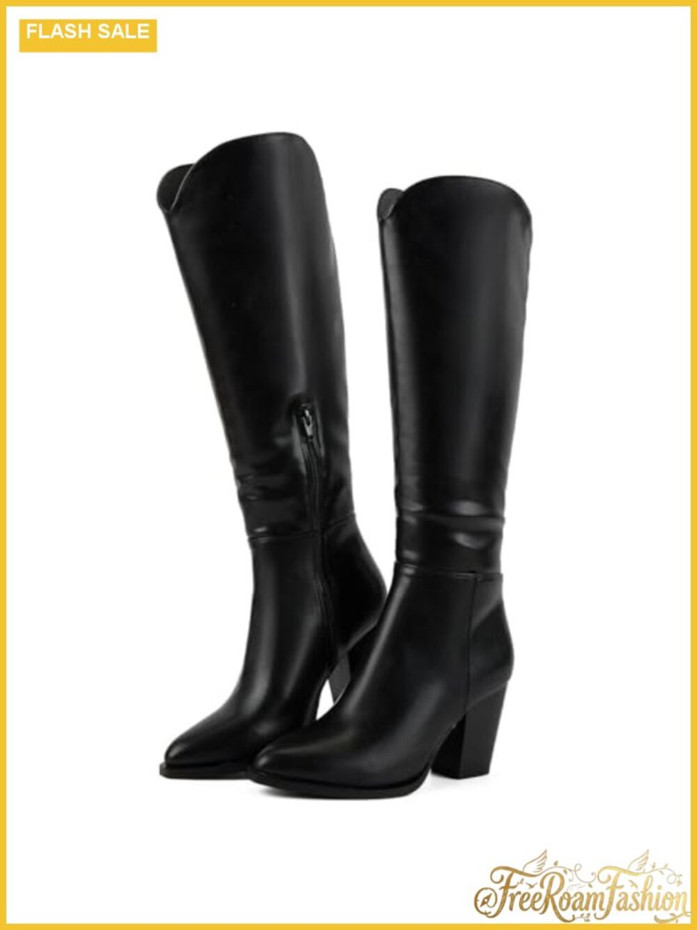 Faux Leather Knee High Western Boots Pointed Toe Chunky Heel